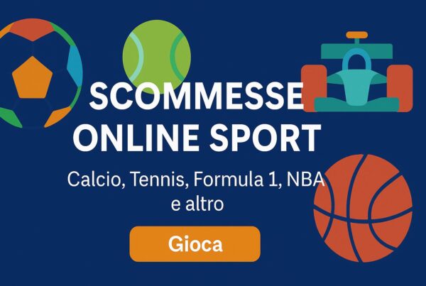 Scommesse online sport: banner promozionale con icone colorate di calcio, tennis, Formula 1 e basket, e pulsante "Gioca