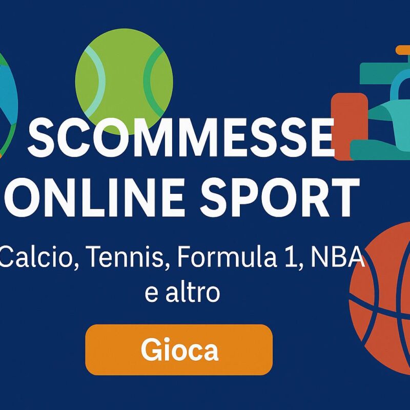 Scommesse online sport: banner promozionale con icone colorate di calcio, tennis, Formula 1 e basket, e pulsante "Gioca