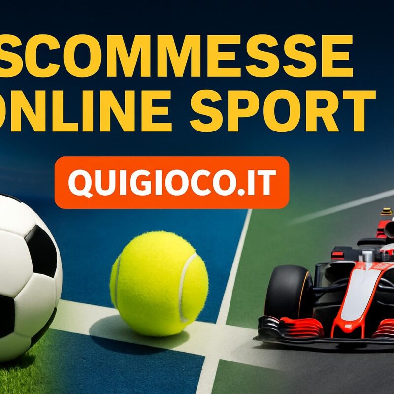 Immagine promozionale con scritta “Scommesse Online Sport”, logo Quigioco.it, pallone da calcio, pallina da tennis e auto Formula 1