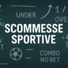 Lavagna verde con la scritta “Scommesse Sportive” al centro in bianco e simboli di scommesse come 1X2, Goal/No Goal, Under/Over e un pallone disegnato con gesso.