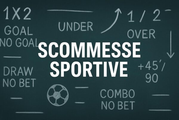 Lavagna verde con la scritta “Scommesse Sportive” al centro in bianco e simboli di scommesse come 1X2, Goal/No Goal, Under/Over e un pallone disegnato con gesso.