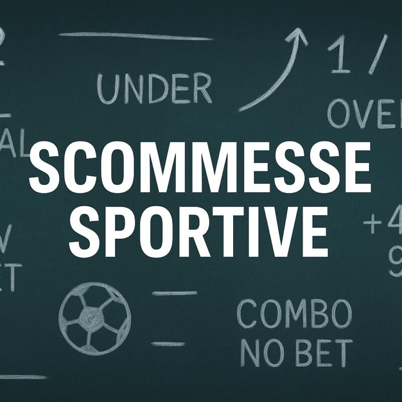 Lavagna verde con la scritta “Scommesse Sportive” al centro in bianco e simboli di scommesse come 1X2, Goal/No Goal, Under/Over e un pallone disegnato con gesso.