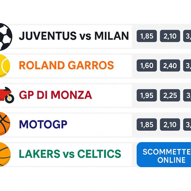 Grafico promozionale per Scommettere on line con eventi sportivi come Juventus vs Milan, Roland Garros, GP di Monza, MotoGP e Lakers vs Celtics, con quote e pulsante "Scommettere Online".