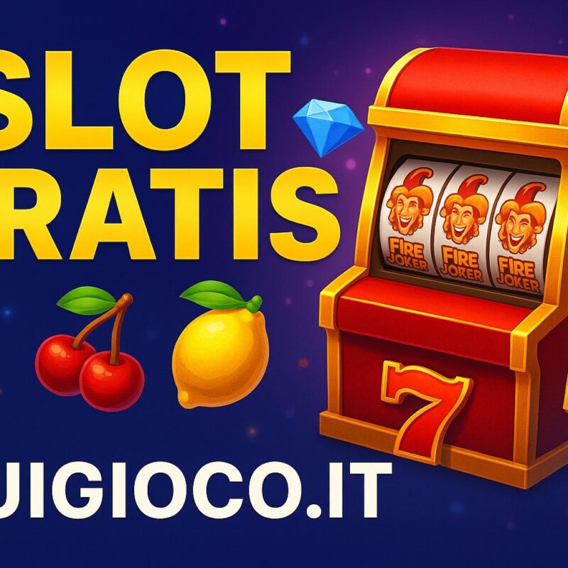Slot Gratis Senza Scaricare - Fire Joker con simboli fruttati su sfondo viola e scritta "Slot Gratis" - promozione giochi online gratis su Quigioco.it.