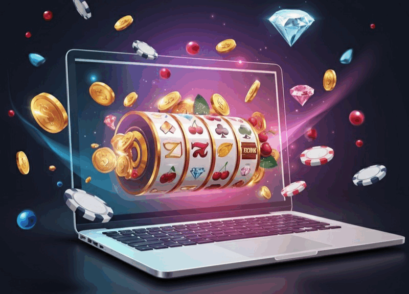 Slot Online che emerge da uno schermo di laptop, con monete d'oro, fiches da poker e gemme brillanti, simbolo di vincite digitali.