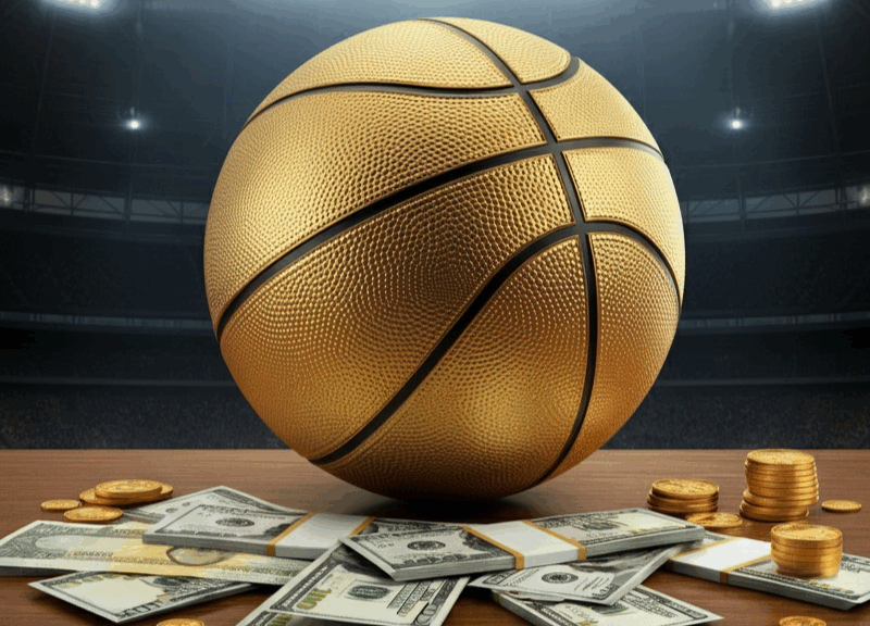 Pallone da basket, denaro degli stipendi nba e stadio illuminato.