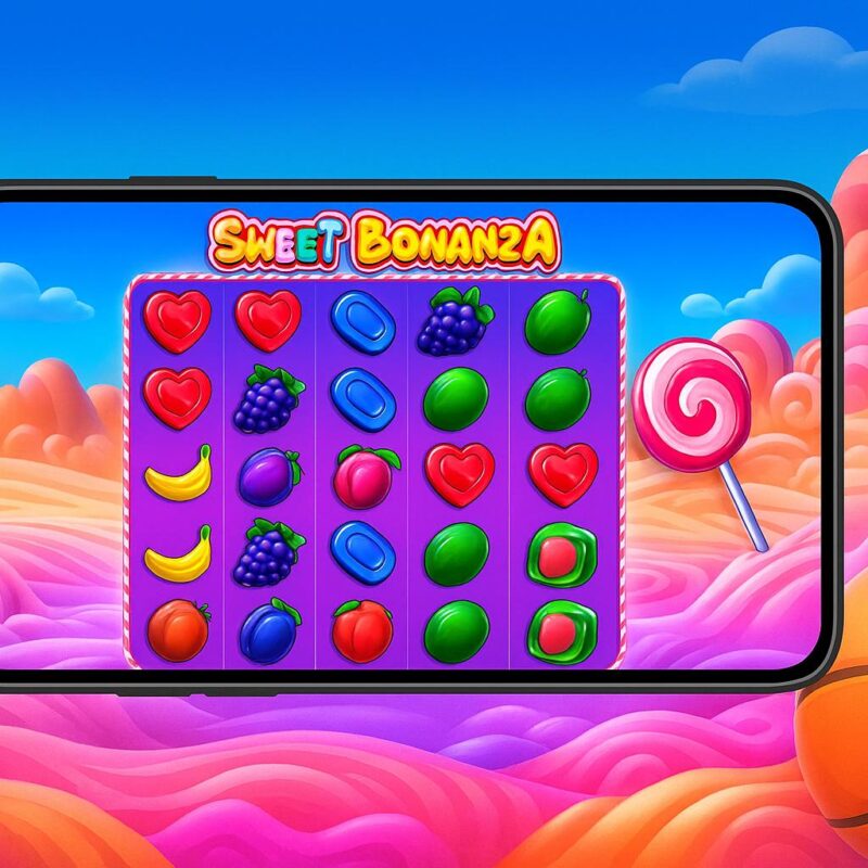 Illustrazione colorata della slot Sweet Bonanza visualizzata su uno smartphone, con rulli pieni di frutta e caramelle colorate, ambientata in un paesaggio fantastico fatto di nuvole rosa e colline zuccherose.