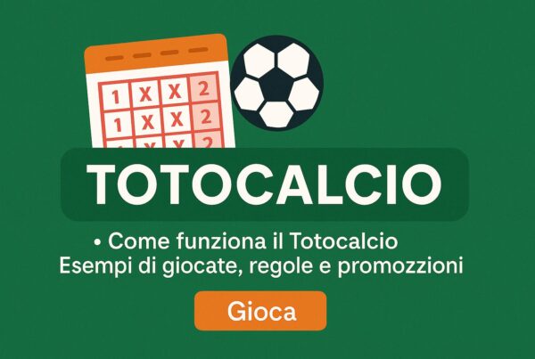 Banner Totocalcio con schedina 1X2, pallone da calcio, testo promozionale e pulsante arancione "Gioca" su sfondo verde.