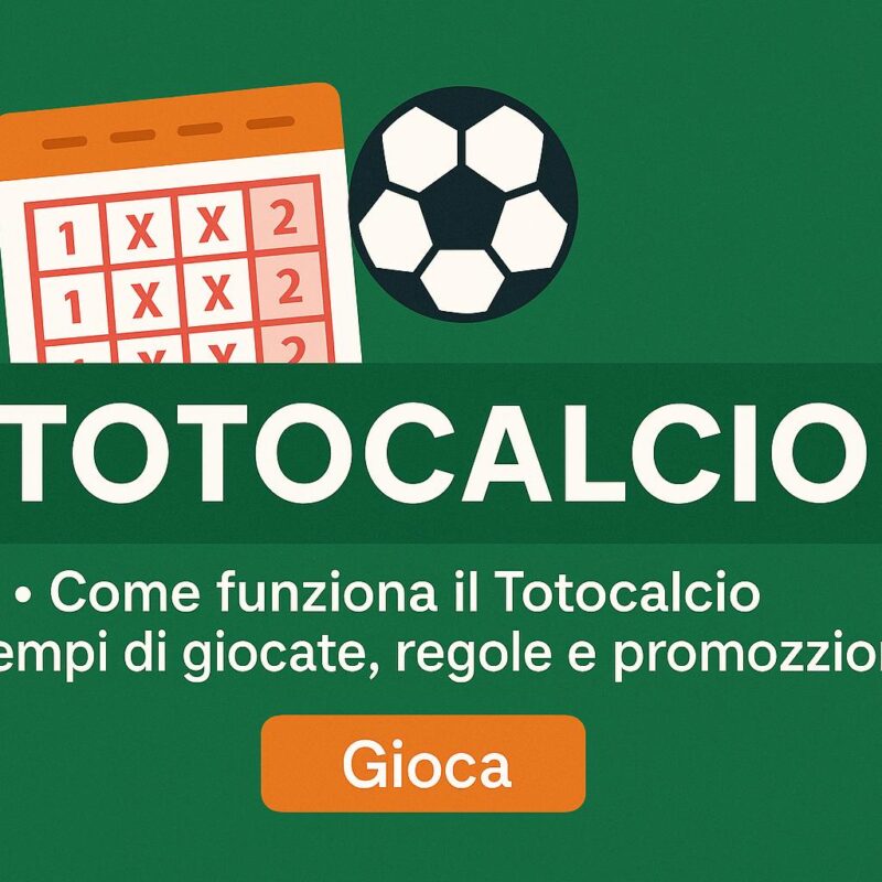 Banner Totocalcio con schedina 1X2, pallone da calcio, testo promozionale e pulsante arancione "Gioca" su sfondo verde.