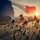 Ciclisti in azione su una strada di montagna durante il Tour de France, con il sole al tramonto e la bandiera francese sullo sfondo.