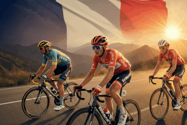 Ciclisti in azione su una strada di montagna durante il Tour de France, con il sole al tramonto e la bandiera francese sullo sfondo.