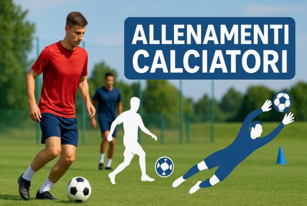 Composizione visiva 16:9 che unisce fotografia e grafica, con calciatori in allenamento su un campo verde e sovrapposte icone stilizzate di un giocatore in azione, un pallone e un portiere in tuffo, accompagnate dal titolo “Allenamenti Calciatori”.