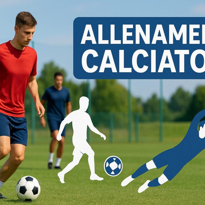Composizione visiva 16:9 che unisce fotografia e grafica, con calciatori in allenamento su un campo verde e sovrapposte icone stilizzate di un giocatore in azione, un pallone e un portiere in tuffo, accompagnate dal titolo “Allenamenti Calciatori”.