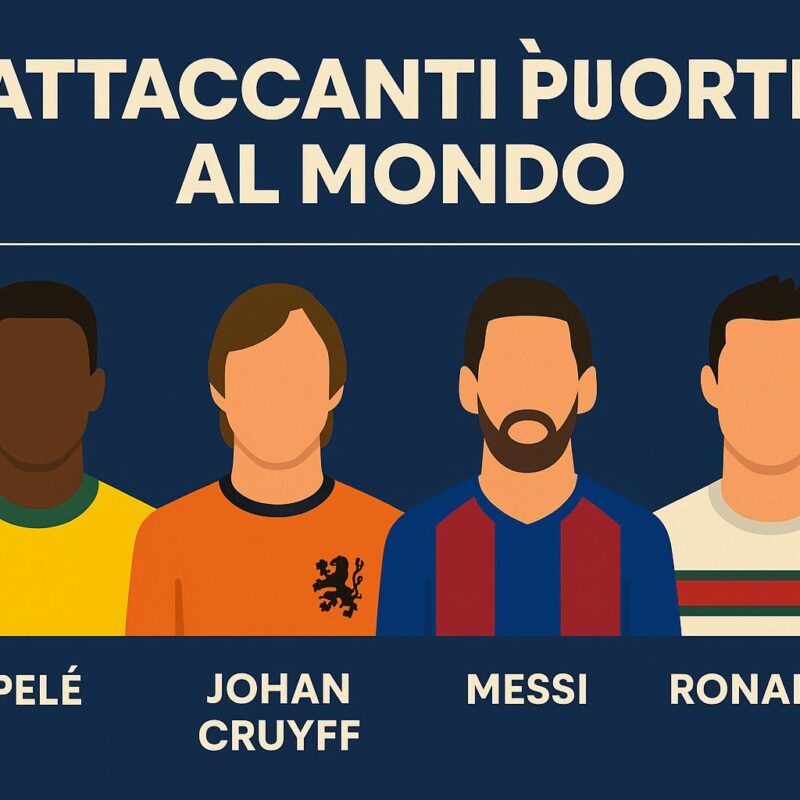 Infografica con ritratti stilizzati di Pelé, Johan Cruyff, Lionel Messi e Cristiano Ronaldo su sfondo blu, con nomi in evidenza di quelli che molti definiscono come gli attaccanti più forti al mondo