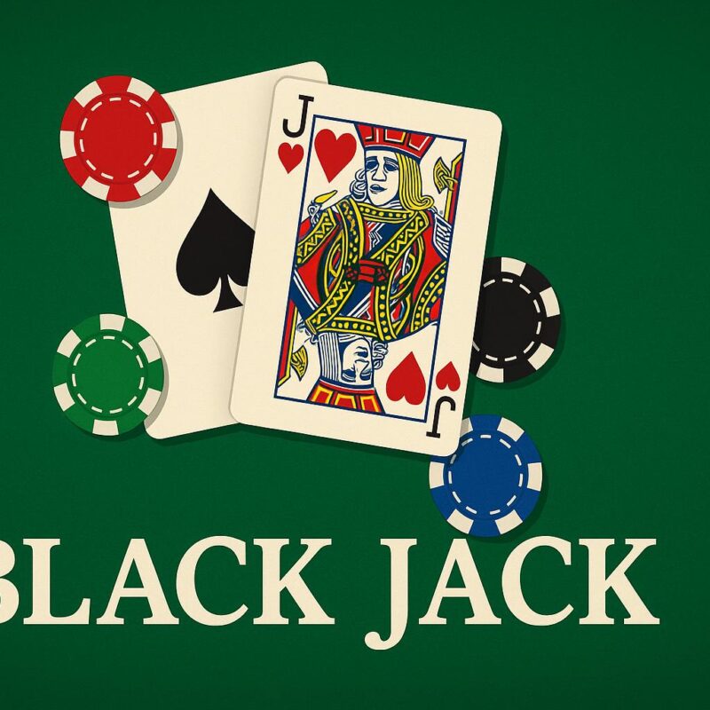 Illustrazione 2D di un tavolo da black jack con carte e fiches colorate su sfondo verde