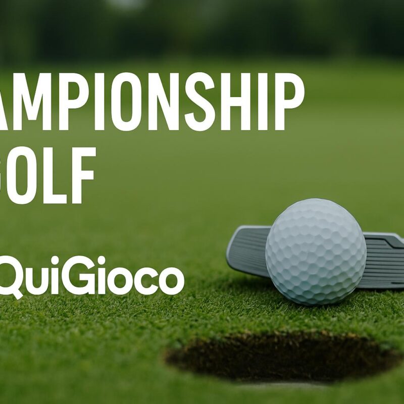 Golfista pronto a colpire la pallina sul green con putter, vicino alla buca, durante il Championship di Golf sponsorizzato da Quigioco.it
