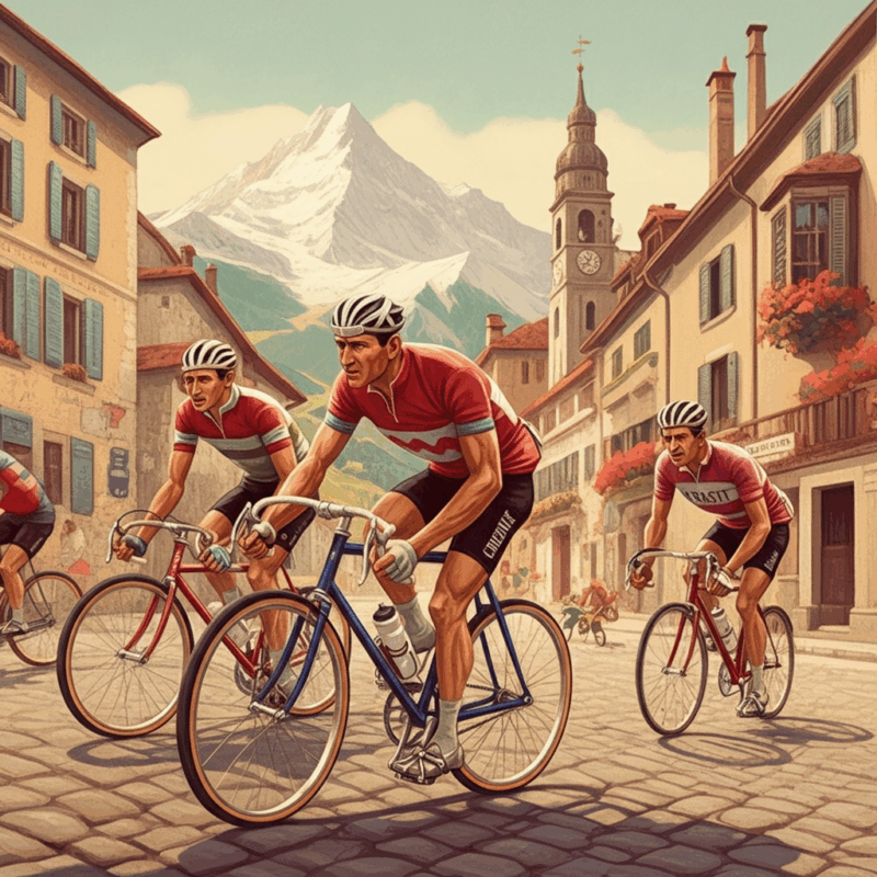 Un gruppo di ciclisti leggendari, tra cui i Ciclisti più vincenti, gareggia su strade acciottolate di una pittoresca cittadina europea, con montagne innevate sullo sfondo, in uno stile vintage e vibrante.