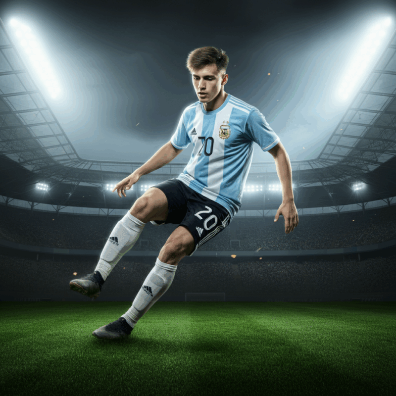 Immagine di Claudio Echeverri, giovane calciatore argentino, mentre gioca su un campo da calcio. Indossa la maglia blu cielo con dettagli bianchi del Manchester City. Sullo sfondo, uno stadio illuminato di notte con luci vivaci evidenzia l'atmosfera dinamica e sportiva.
