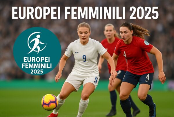 Tre calciatrici generate con intelligenza artificiale in azione durante una partita di calcio femminile, con in evidenza il testo “Europei Femminili 2025” in alto e un logo circolare stilizzato sulla sinistra, ambientato in uno stadio gremito.