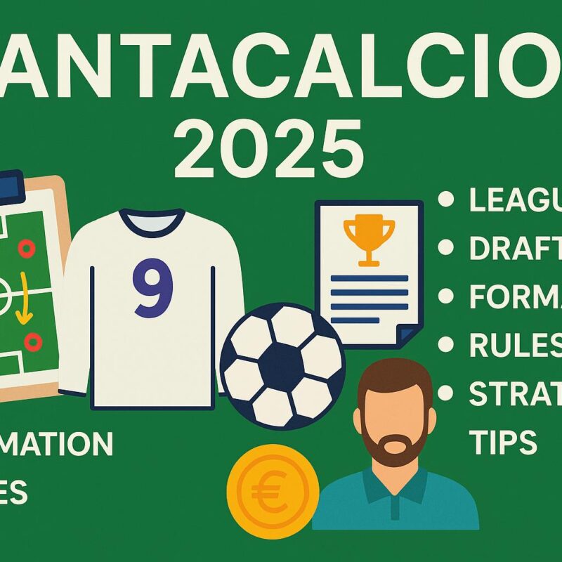 Infografica su consigli Fantacalcio 2025 con icone di maglia, pallone, campo da gioco e lista di regole, formazioni, strategie e suggerimenti.