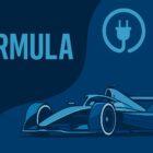 Illustrazione digitale con vettura elettrica da corsa in stile futuristico su sfondo blu e dettagli verdi, ispirata al campionato di Formula E.