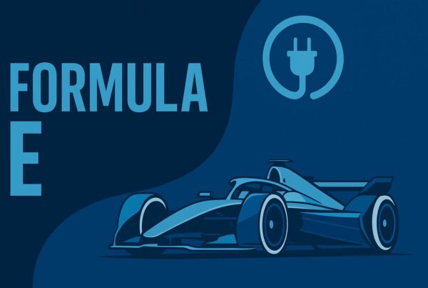 Illustrazione digitale con vettura elettrica da corsa in stile futuristico su sfondo blu e dettagli verdi, ispirata al campionato di Formula E.