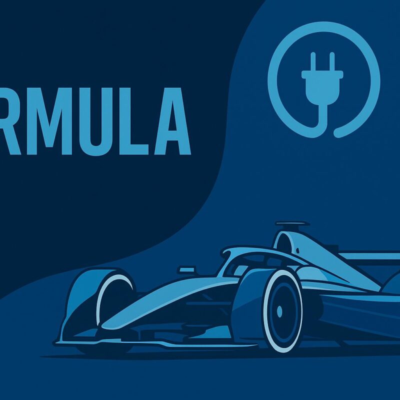 Illustrazione digitale con vettura elettrica da corsa in stile futuristico su sfondo blu e dettagli verdi, ispirata al campionato di Formula E.