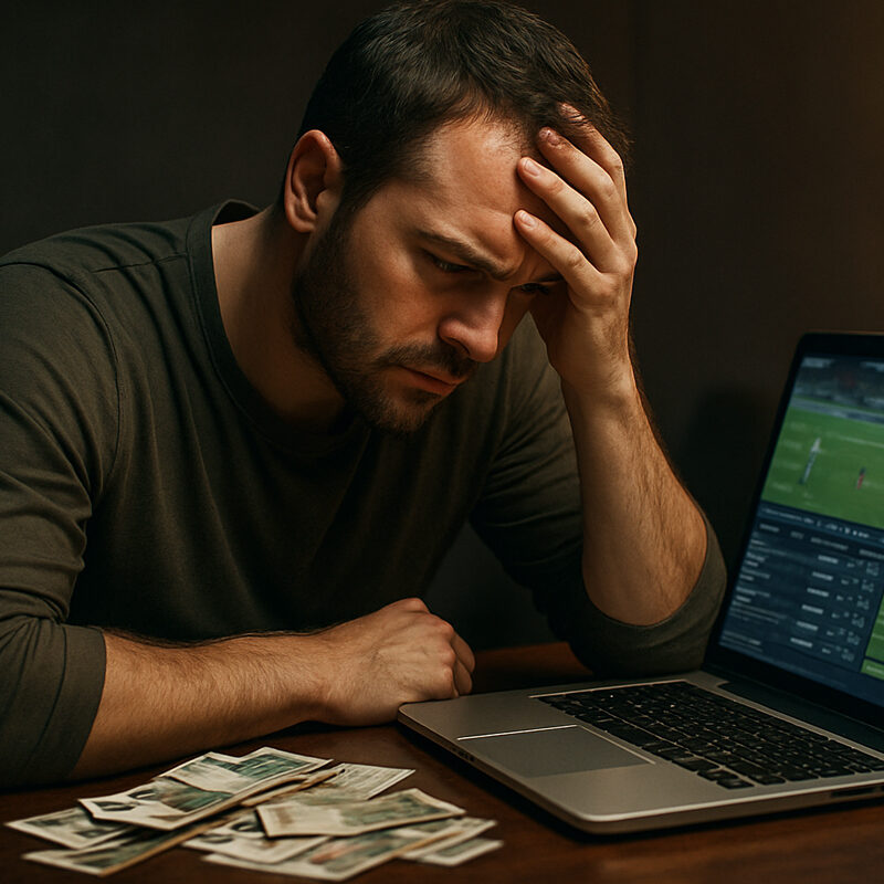 Uomo preoccupato davanti al laptop con schermata di scommesse sportive e soldi sul tavolo, simbolo delle difficoltà nella gestione psicologica delle perdite e del rischio tilt scommessa.