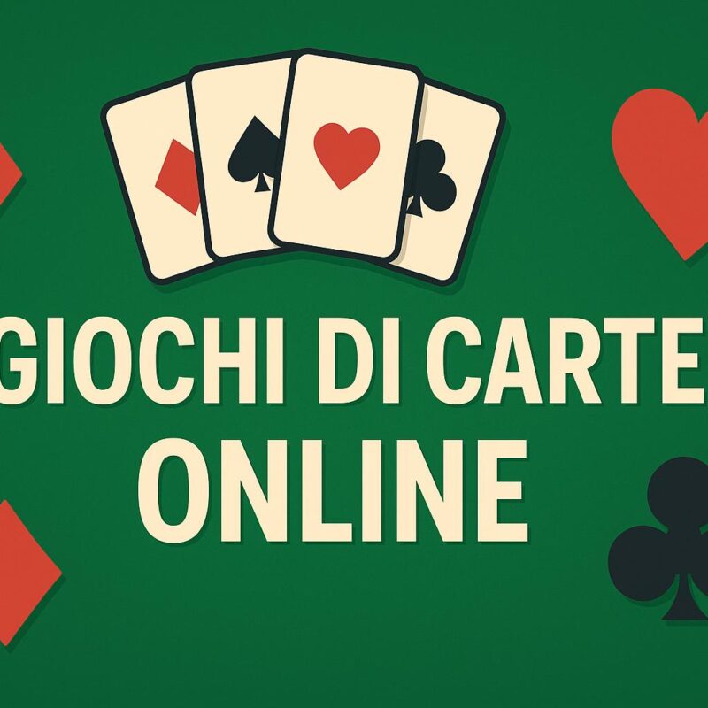 Illustrazione digitale 2D con carte da gioco e simboli delle carte francesi su sfondo verde, accompagnata dalla scritta GIOCHI DI CARTE ONLINE
