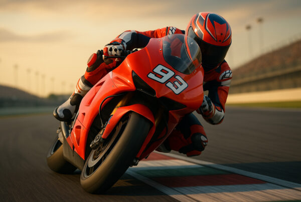 Pilota MotoGP in curva su moto da corsa durante gara al tramonto, simbolo di strategia e velocità nel giro veloce.