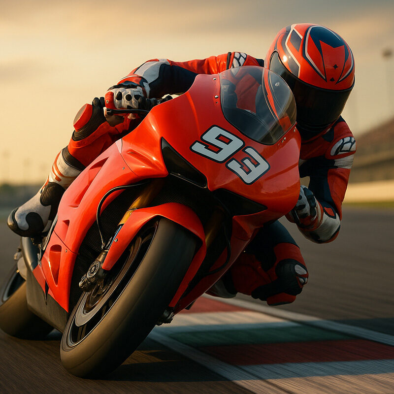 Pilota MotoGP in curva su moto da corsa durante gara al tramonto, simbolo di strategia e velocità nel giro veloce.