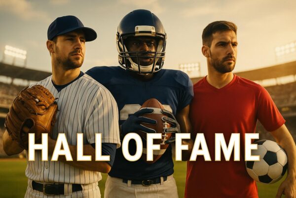 Tre atleti non noti in posa su uno sfondo sportivo: un giocatore di baseball, uno di football americano e uno di calcio con scritta “Hall of Fame” in bianco bordata d’oro.