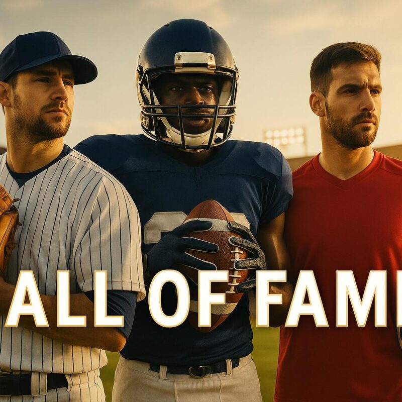 Tre atleti non noti in posa su uno sfondo sportivo: un giocatore di baseball, uno di football americano e uno di calcio con scritta “Hall of Fame” in bianco bordata d’oro.