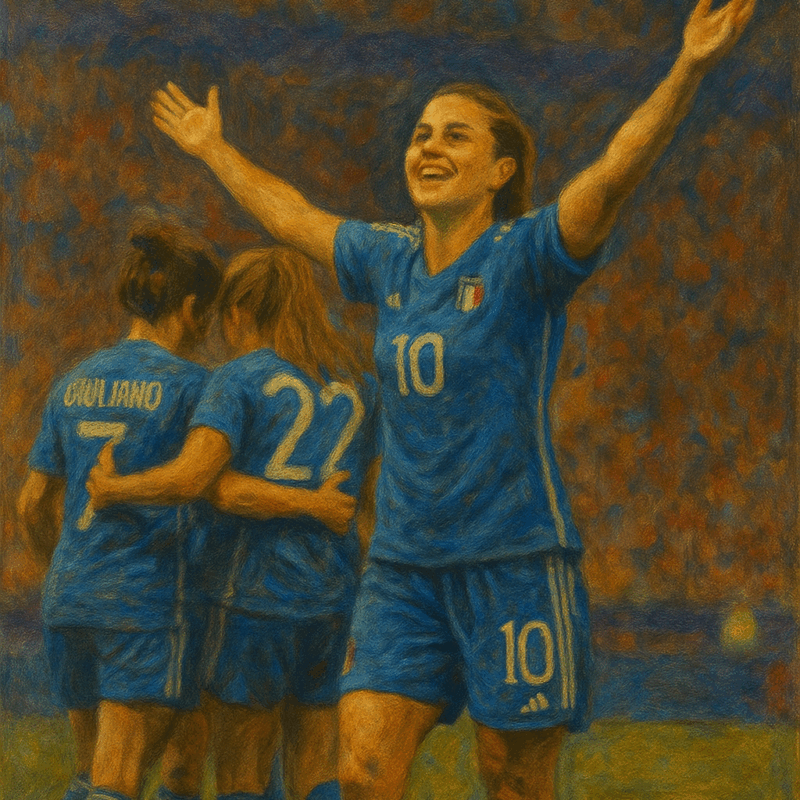 Giocatrici della Nazionale italiana femminile esultano durante la partita Italia Norvegia degli Europei 2025, con la numero 10 al centro che festeggia a braccia aperte davanti a uno stadio gremito.