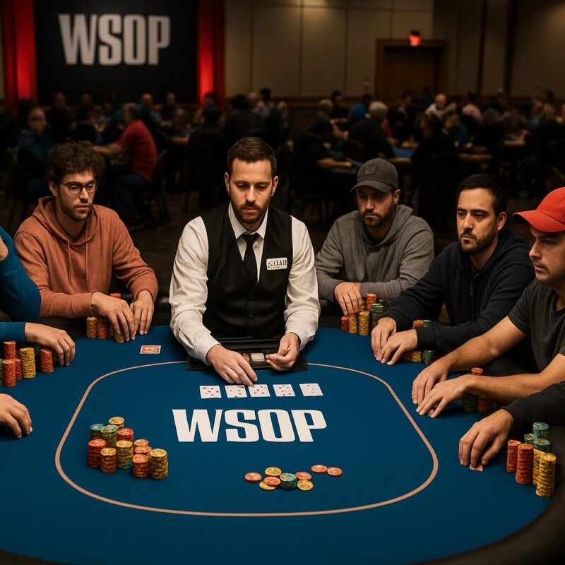 Tavolo da poker WSOP con otto giocatori concentrati, fiches colorate e croupier al centro durante una partita ufficiale.
