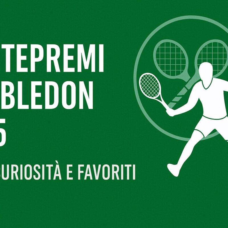 Grafica digitale in formato orizzontale 16:9 con sfondo verde, scritta in bianco “Montepremi Wimbledon 2025 – Cifre, curiosità e favoriti” e silhouette stilizzata di un tennista con racchetta in posizione di gioco accanto a un simbolo circolare con due racchette incrociate