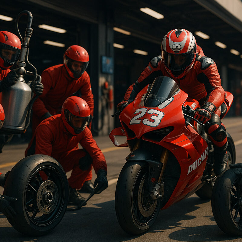 Moto GP scommesse strategie di squadra e box con pit stop e team meccanici al lavoro