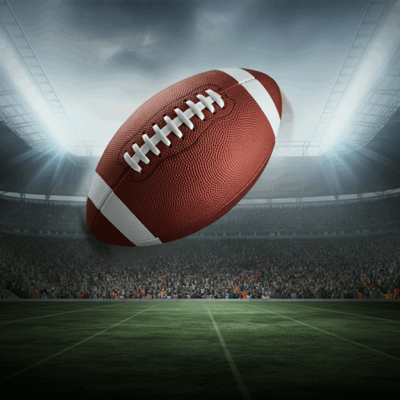 Un pallone da football americano sospeso a mezz'aria sopra un campo da gioco, con il pubblico sfocato sugli spalti in festa e luci brillanti dello stadio che illuminano il cielo drammatico, evocando l'energia e l'emozione unica della NFL notizie.