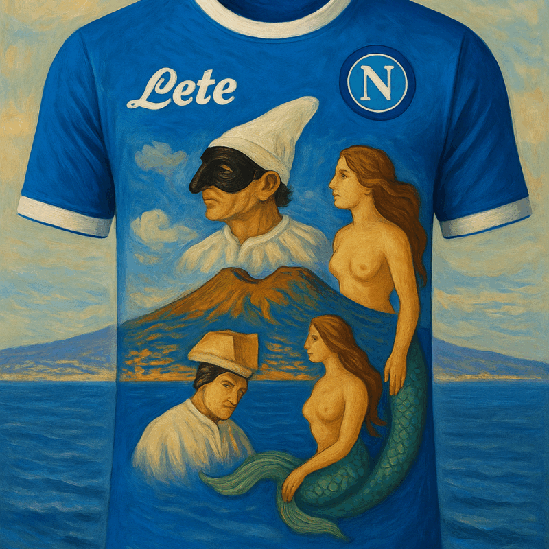 Nuova Maglia Napoli 2025 2026 in stile figurativo con Vesuvio, Pulcinella e la sirena Partenope su sfondo del golfo di Napoli.