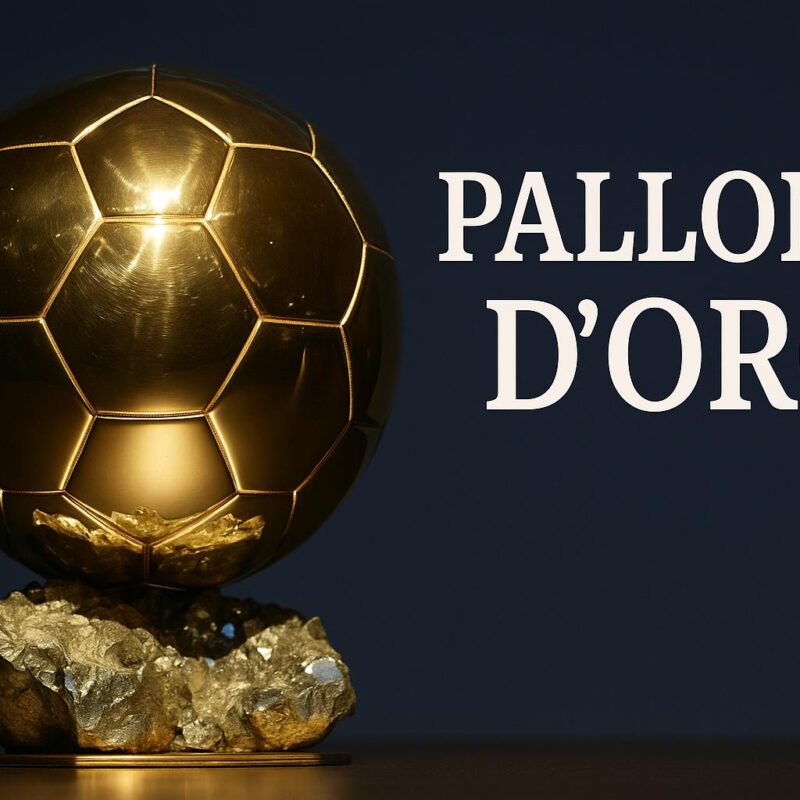 Trofeo del Pallone d’Oro su piedistallo, con sfondo scuro e riflessi dorati, simbolo del premio calcistico più prestigioso.i palloni d'oro e i record