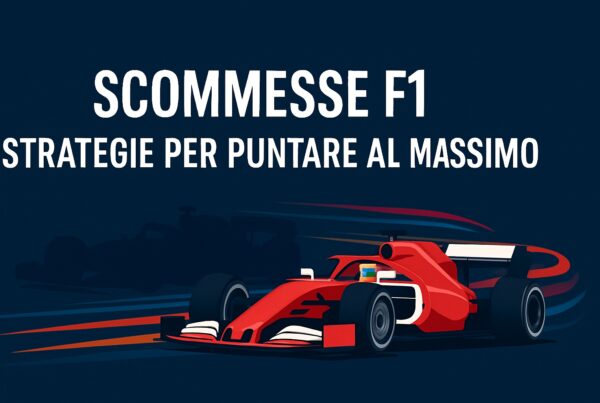 Grafica promozionale in stile vettoriale raffigurante una monoposto di Formula 1 rossa in movimento su sfondo blu scuro, con linee dinamiche rosse e blu che rappresentano la velocità. Al centro in alto si leggono le scritte in bianco “SCOMMESSE F1” e “STRATEGIE PER PUNTARE AL MASSIMO” in caratteri maiuscoli, perfettamente centrate.