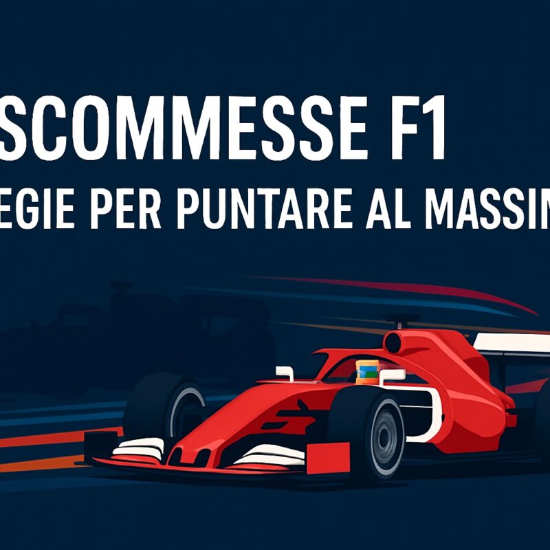 Grafica promozionale in stile vettoriale raffigurante una monoposto di Formula 1 rossa in movimento su sfondo blu scuro, con linee dinamiche rosse e blu che rappresentano la velocità. Al centro in alto si leggono le scritte in bianco “SCOMMESSE F1” e “STRATEGIE PER PUNTARE AL MASSIMO” in caratteri maiuscoli, perfettamente centrate.