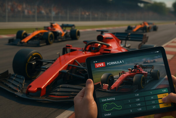 Scommesse Live Formula 1 su tablet durante gara con monoposto in pista