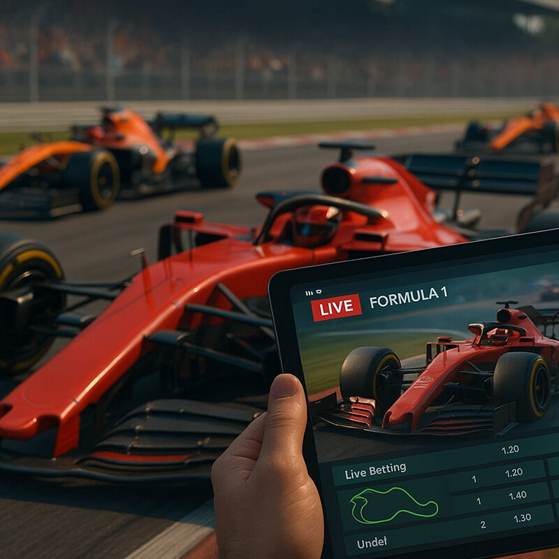 Scommesse Live Formula 1 su tablet durante gara con monoposto in pista
