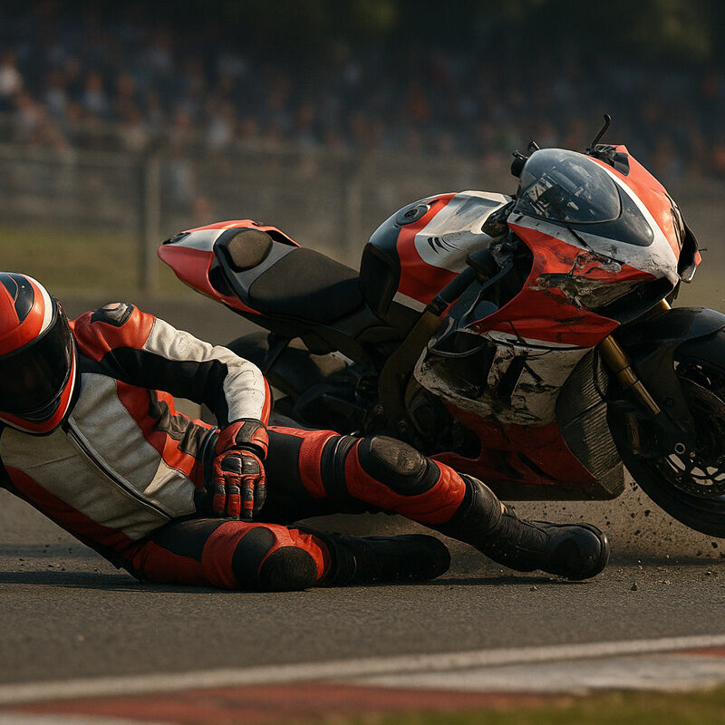 Pilota MotoGP in caduta dopo incidente in curva, illustrazione realistica 3D sul rischio DNF.