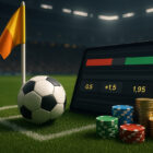 3D render realistico di un corner di calcio con bandierina, pallone e interfaccia di scommesse su corner asiatici con quote frazionate, ambientato in uno stadio illuminato.