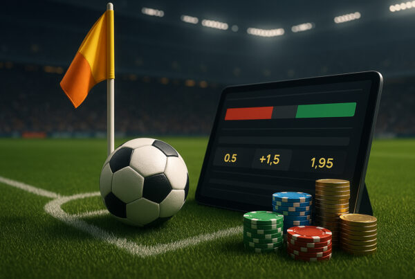 3D render realistico di un corner di calcio con bandierina, pallone e interfaccia di scommesse su corner asiatici con quote frazionate, ambientato in uno stadio illuminato.
