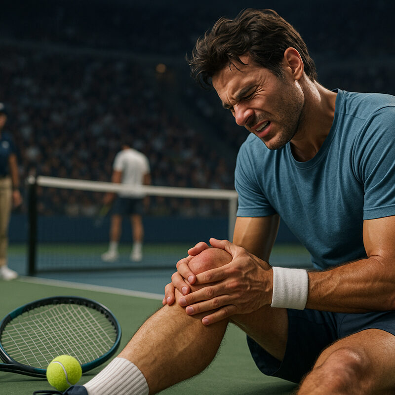 Tennis player dolorante seduto sul campo durante un match, simbolo del rischio infortuni e dell'importanza di conoscere le regole delle scommesse sui ritiri