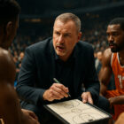 Allenatore di basket che impartisce istruzioni durante un timeout con giocatori concentrati attorno, in una scena realistica di partita NBA, simbolo dell’impatto dei timeout nelle scommesse live sul basket.