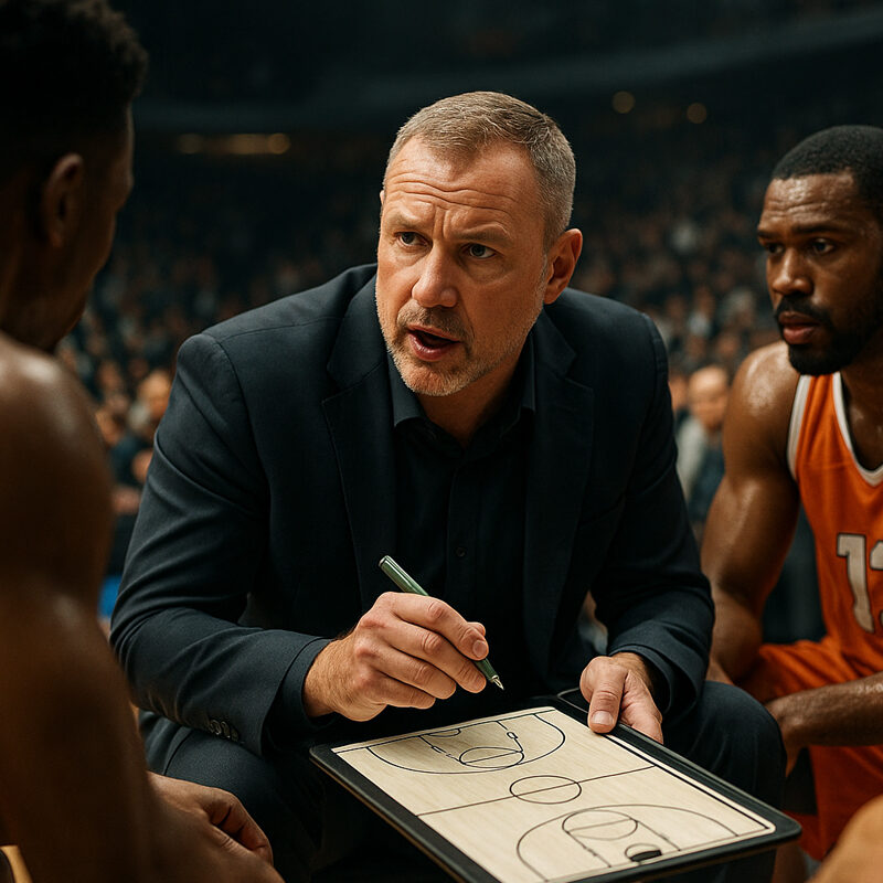 Allenatore di basket che impartisce istruzioni durante un timeout con giocatori concentrati attorno, in una scena realistica di partita NBA, simbolo dell’impatto dei timeout nelle scommesse live sul basket.